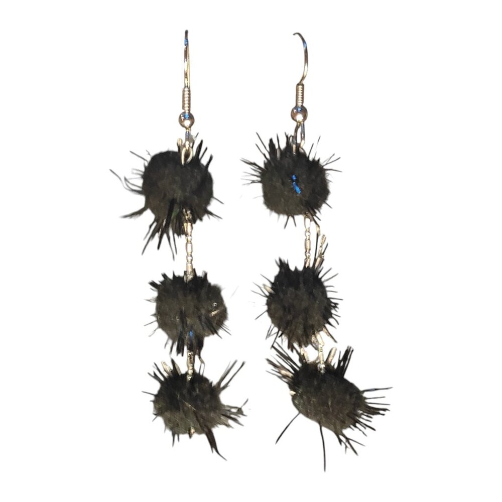 Homemade/Handmade Earrings Black Pom-Poms with Silver Chain Excellent Condition